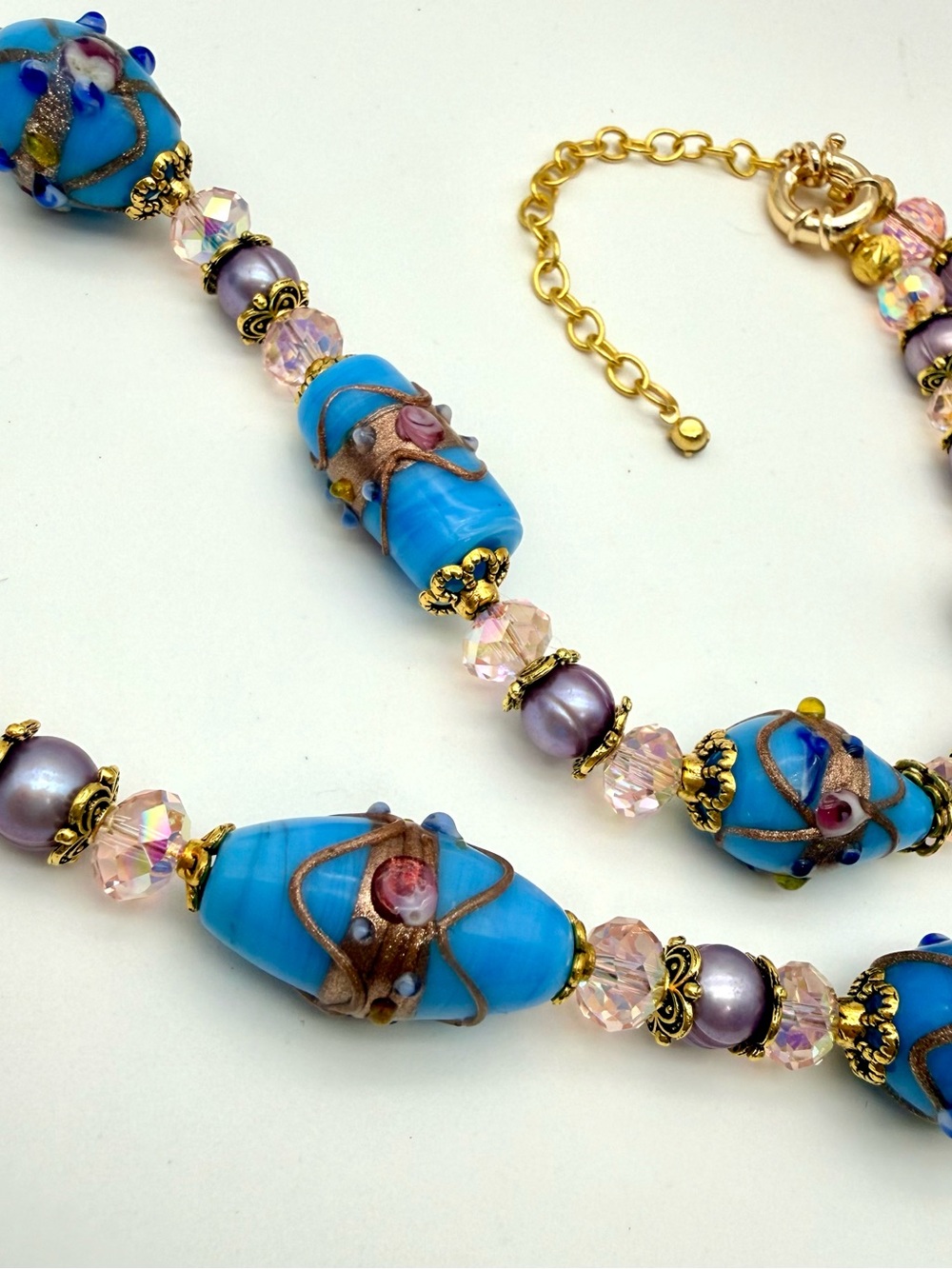 Artisan Blue Lampwork Glass & Lavendar Freshwater Pearl Necklace - Picture 3 of 7
